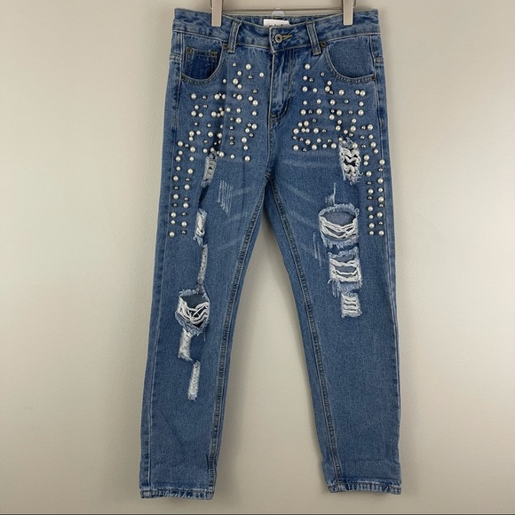 MIDNIGHT MUSE Pearl Rhinestone Embellished High Rise Distressed Boyfriend Jeans - Picture 2 of 10